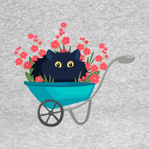 black cat in a garden wheelbarrow with red flowers by  ESHA-Studio